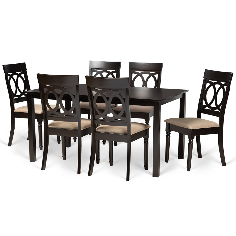 Baxton Studio Lucie Modern And Contemporary Sand Fabric Upholstered And Dark Brown Finished Wood 7-Piece Dining Set