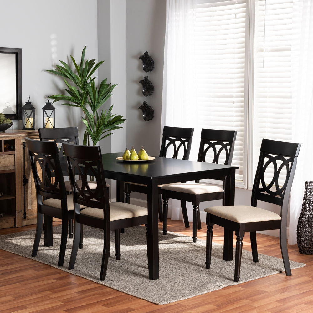 Baxton Studio Lucie Modern And Contemporary Sand Fabric Upholstered And Dark Brown Finished Wood 7-Piece Dining Set