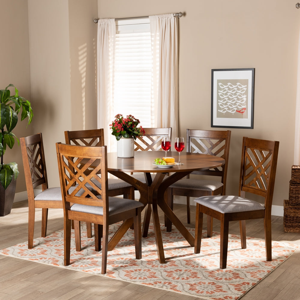 BAXTON STUDIO NORAH MODERN AND CONTEMPORARY GREY FABRIC UPHOLSTERED AND WALNUT BROWN FINISHED WOOD 7-PIECE DINING SET