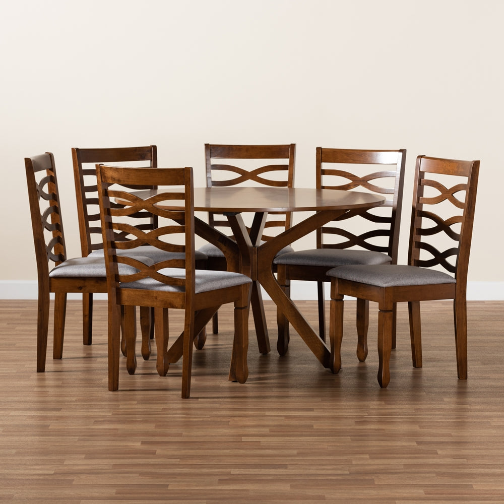 Baxton Studio Mila Modern And Contemporary Grey Fabric Upholstered And Walnut Brown Finished Wood 7-Piece Dining Set