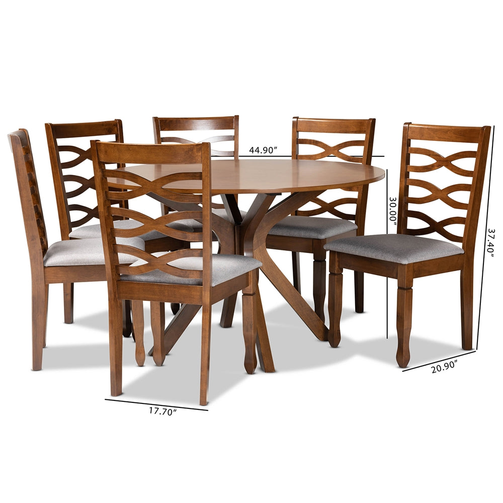 Baxton Studio Mila Modern And Contemporary Grey Fabric Upholstered And Walnut Brown Finished Wood 7-Piece Dining Set