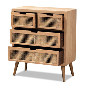 Baxton Studio Alina Mid-Century Modern Medium Oak Finished Wood And Rattan 4-Drawer Accent Storage Cabinet