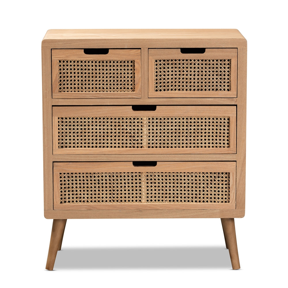 Baxton Studio Alina Mid-Century Modern Medium Oak Finished Wood And Rattan 4-Drawer Accent Storage Cabinet