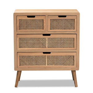 Baxton Studio Alina Mid-Century Modern Medium Oak Finished Wood And Rattan 4-Drawer Accent Storage Cabinet