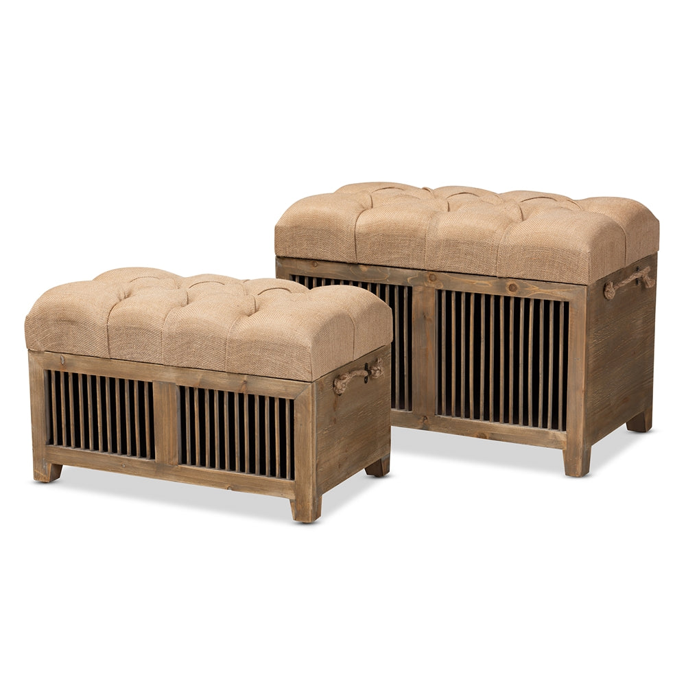 Baxton Studio Clement Rustic Transitional Farmhouse Fabric Upholstered Medium Oak Finished 2-Piece Wood Spindle Storage Trunk Ottoman Set