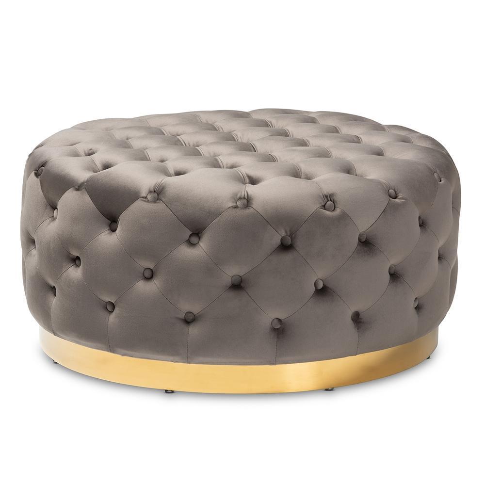 Baxton Studio Sasha Glam and Luxe Royal Velvet Fabric Upholstered Gold Finished Round Cocktail Ottoman