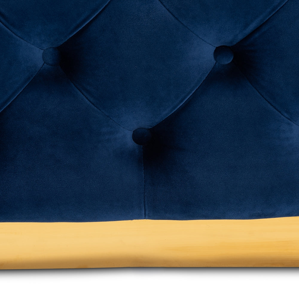 BAXTON STUDIO VERENE GLAM AND LUXE ROYAL BLUE VELVET FABRIC UPHOLSTERED GOLD FINISHED SQUARE COCKTAIL OTTOMAN