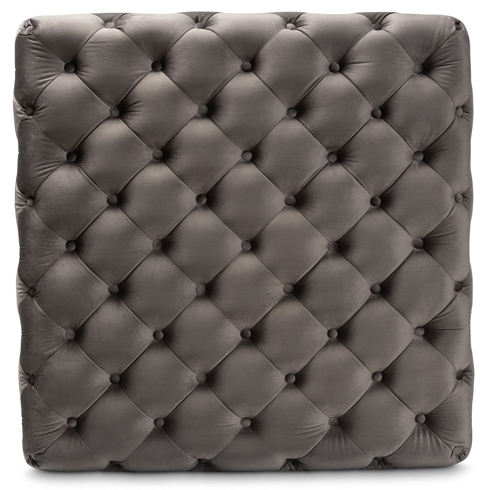 Baxton Studio Verene Glam And Luxe Grey Velvet Fabric Upholstered Gold Finished Square Cocktail Ottoman