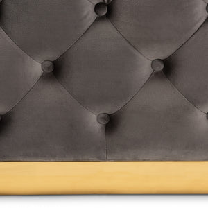 BAXTON STUDIO VERENE GLAM AND LUXE GREY VELVET FABRIC UPHOLSTERED GOLD FINISHED SQUARE COCKTAIL OTTOMAN