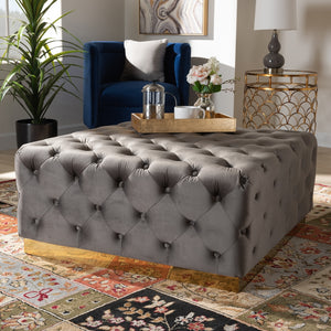 Baxton Studio Verene Glam And Luxe Grey Velvet Fabric Upholstered Gold Finished Square Cocktail Ottoman