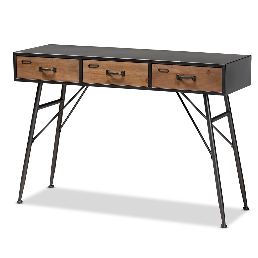 Baxton Studio Ariana Modern And Contemporary Industrial Black And Oak Brown Finished Wood 3-Drawer Metal Console Table