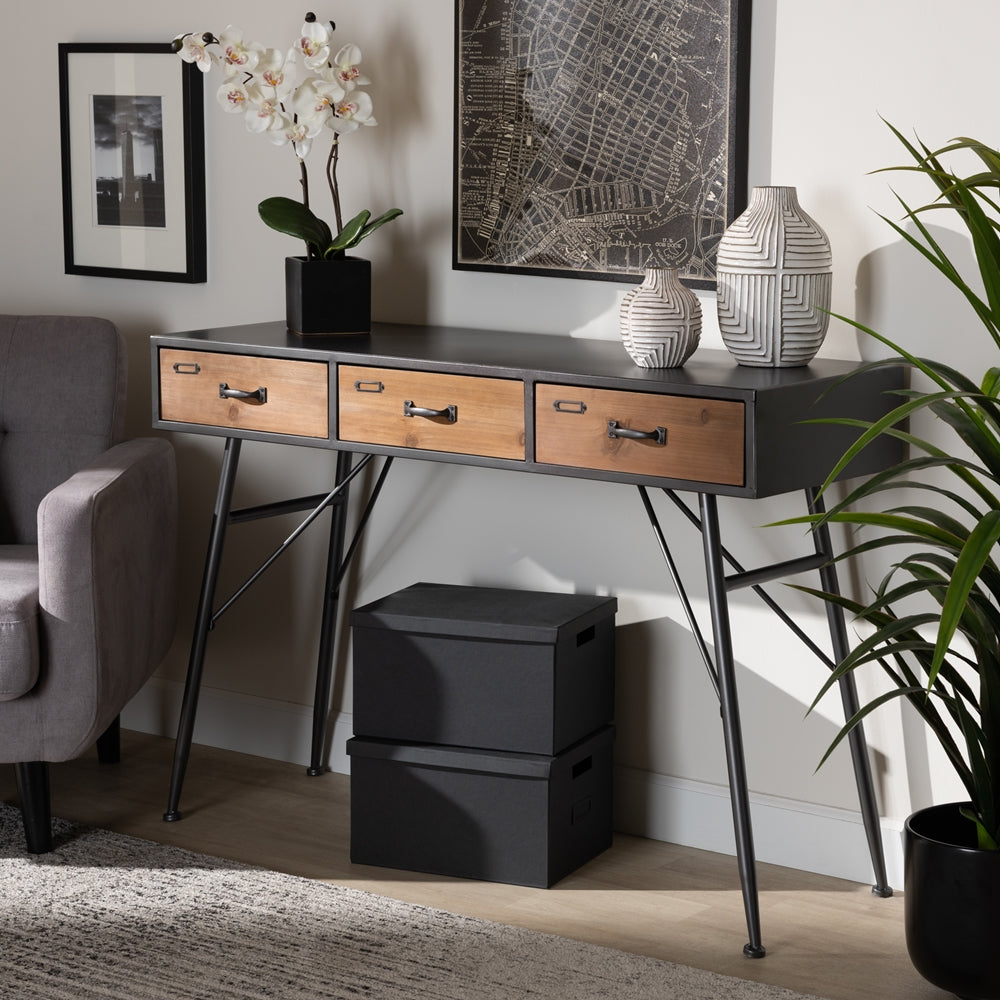 Baxton Studio Ariana Modern And Contemporary Industrial Black And Oak Brown Finished Wood 3-Drawer Metal Console Table