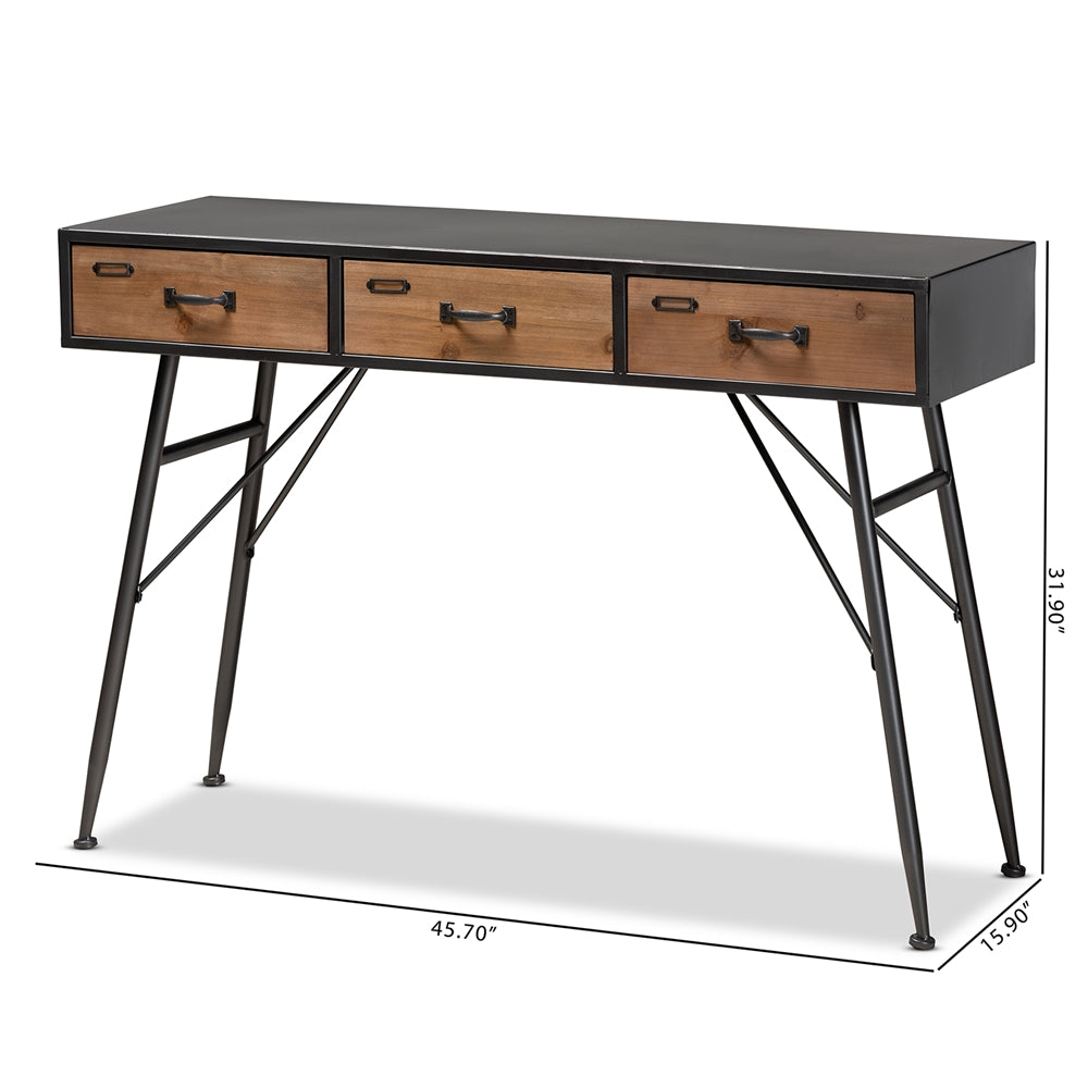 Baxton Studio Ariana Modern And Contemporary Industrial Black And Oak Brown Finished Wood 3-Drawer Metal Console Table