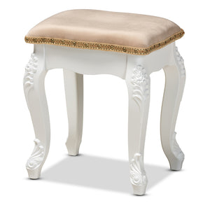 Baxton Studio Isabella Classic and Traditional French Velvet Fabric Upholstered and White Finished Wood Ottoman Stool