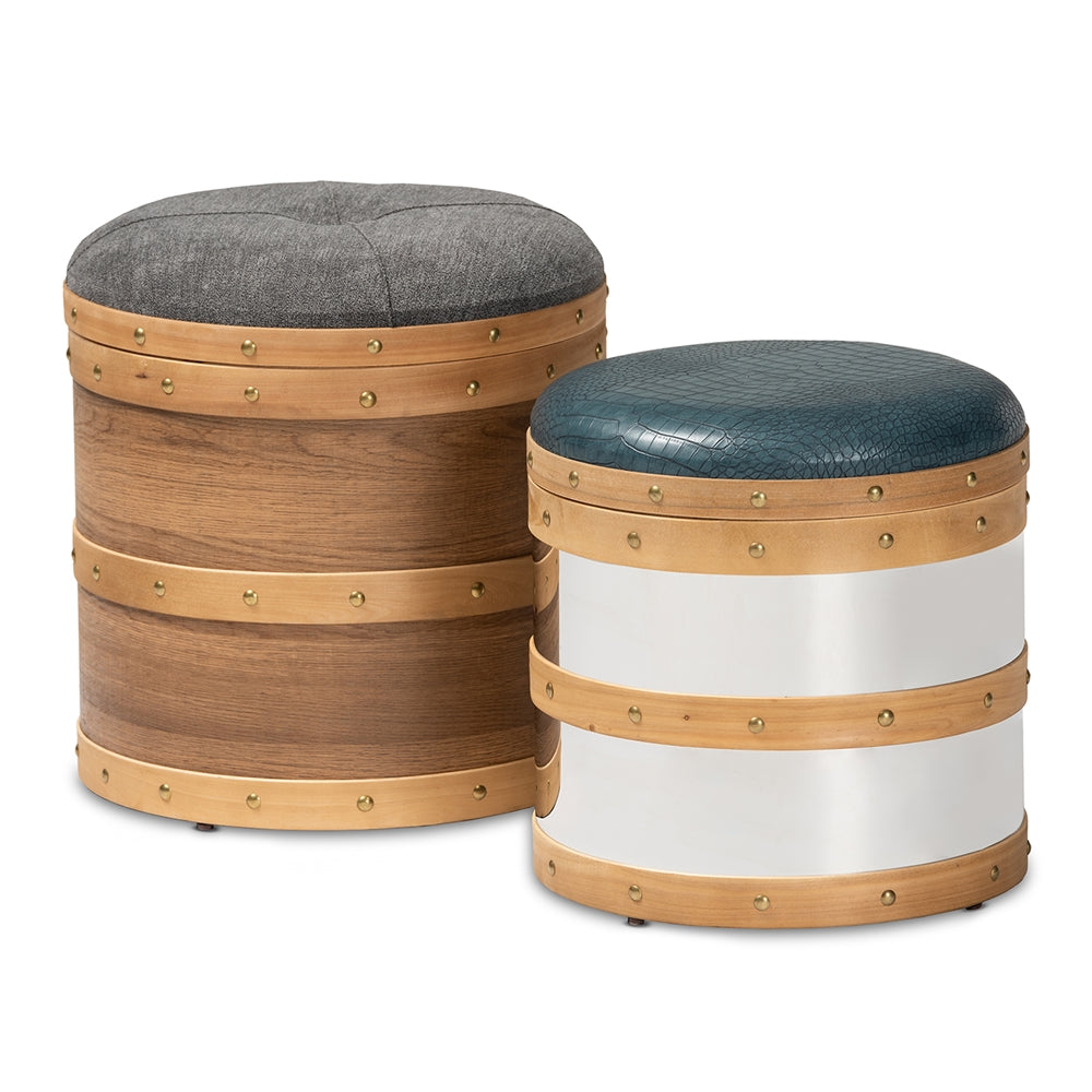 Baxton Studio Caleb Modern and Contemporary Glam Fabric and Alligator Faux Leather Upholstered 2-Piece Wood and Metal Storage Ottoman Set