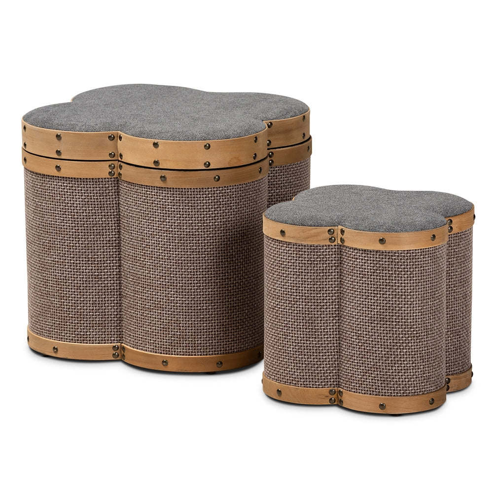 Baxton Studio Marilyn Modern and Contemporary Transitional and Fabric Upholstered 2-Piece Clover Shaped Storage Ottoman Set