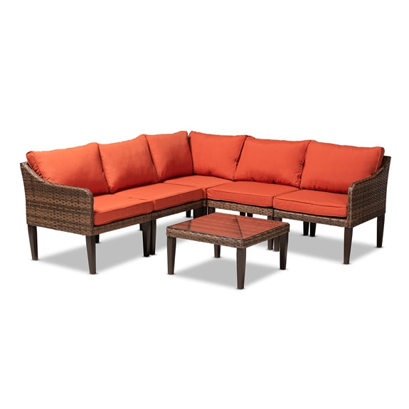 Baxton Studio Breida Modern and Contemporary Fabric Upholstered and Finished 6-Piece Woven Rattan Outdoor Patio Set