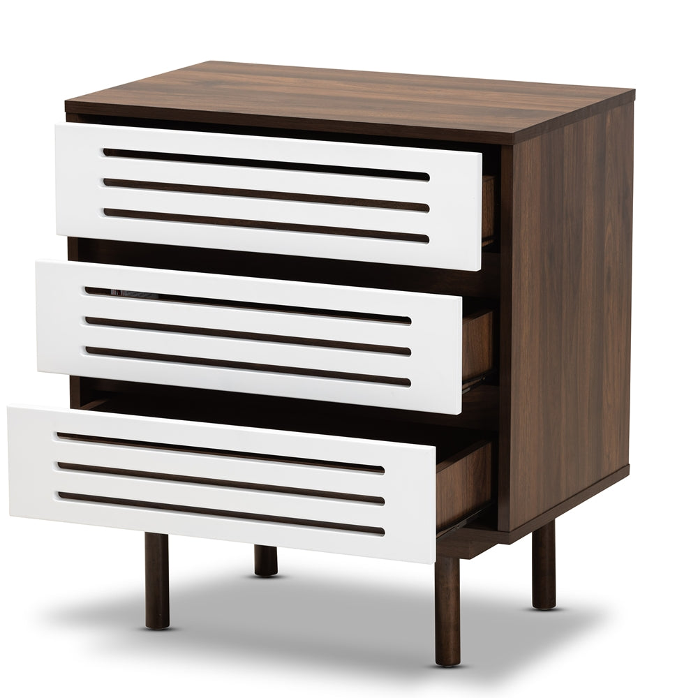 Baxton Studio Meike Mid-Century Modern Two-Tone Walnut Brown And White Finished Wood 3-Drawer Nightstand