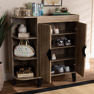 Baxton Studio Wales Modern And Contemporary Rustic Oak Finished Wood 2-Door Shoe Storage Cabinet With Open Shelves