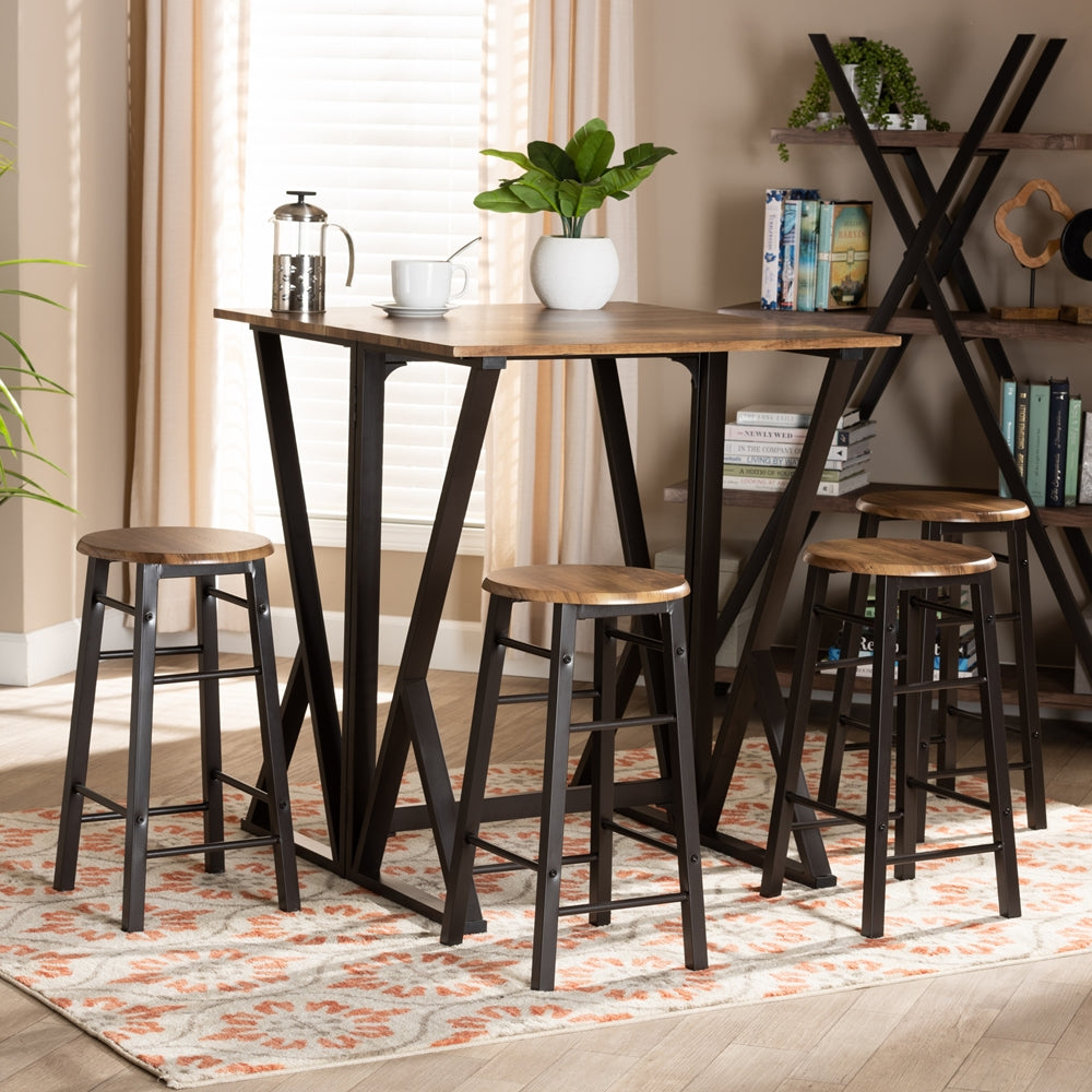 BAXTON STUDIO RICHARD INDUSTRIAL AND RUSTIC WALNUT FINISHED WOOD AND BLACK METAL 5-PIECE PUB SET WITH EXTENDABLE TABLETOP