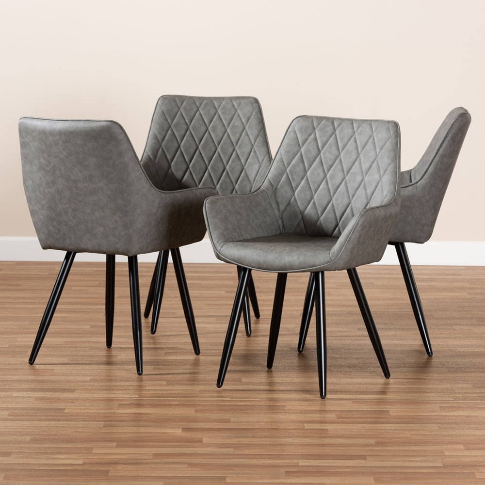 Baxton Studio Astrid Mid-Century Contemporary Grey Faux Leather Upholstered And Black Metal 4-Piece Dining Chair Set