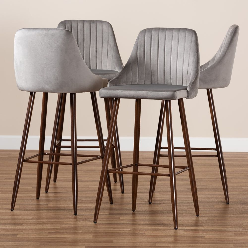 Baxton Studio Walter Mid-Century Contemporary Grey Velvet Fabric Upholstered And Walnut Finished 4-Piece Bar Stool Set