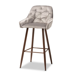 Baxton Studio Catherine Modern And Contemporary Grey Velvet Fabric Upholstered And Walnut Finished 4-Piece Bar Stool Set