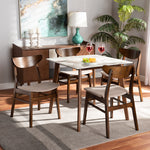 Load image into Gallery viewer, Baxton Studio Paras Mid-Century Modern Transitional Light Beige Fabric Upholstered And Walnut Brown Finished Wood 5-Piece Dining Set With Faux Marble Dining Table
