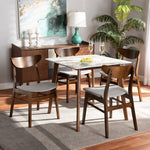 Load image into Gallery viewer, Baxton Studio Paras Mid-Century Modern Transitional Light Grey Fabric Upholstered And Walnut Brown Finished Wood 5-Piece Dining Set With Faux Marble Dining Table
