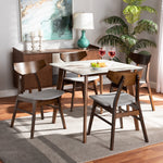 Load image into Gallery viewer, Baxton Studio Pearson Mid-Century Modern Transitional Light Grey Fabric Upholstered And Walnut Brown Finished Wood 5-Piece Dining Set With Faux Marble Table
