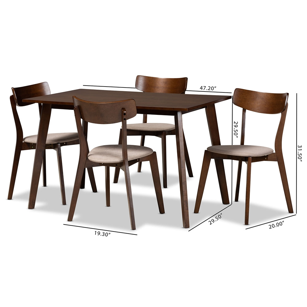 Baxton Studio Nori Mid-Century Modern Transitional Light Beige Fabric Upholstered And Walnut Brown Finished Wood 5-Piece Dining Set