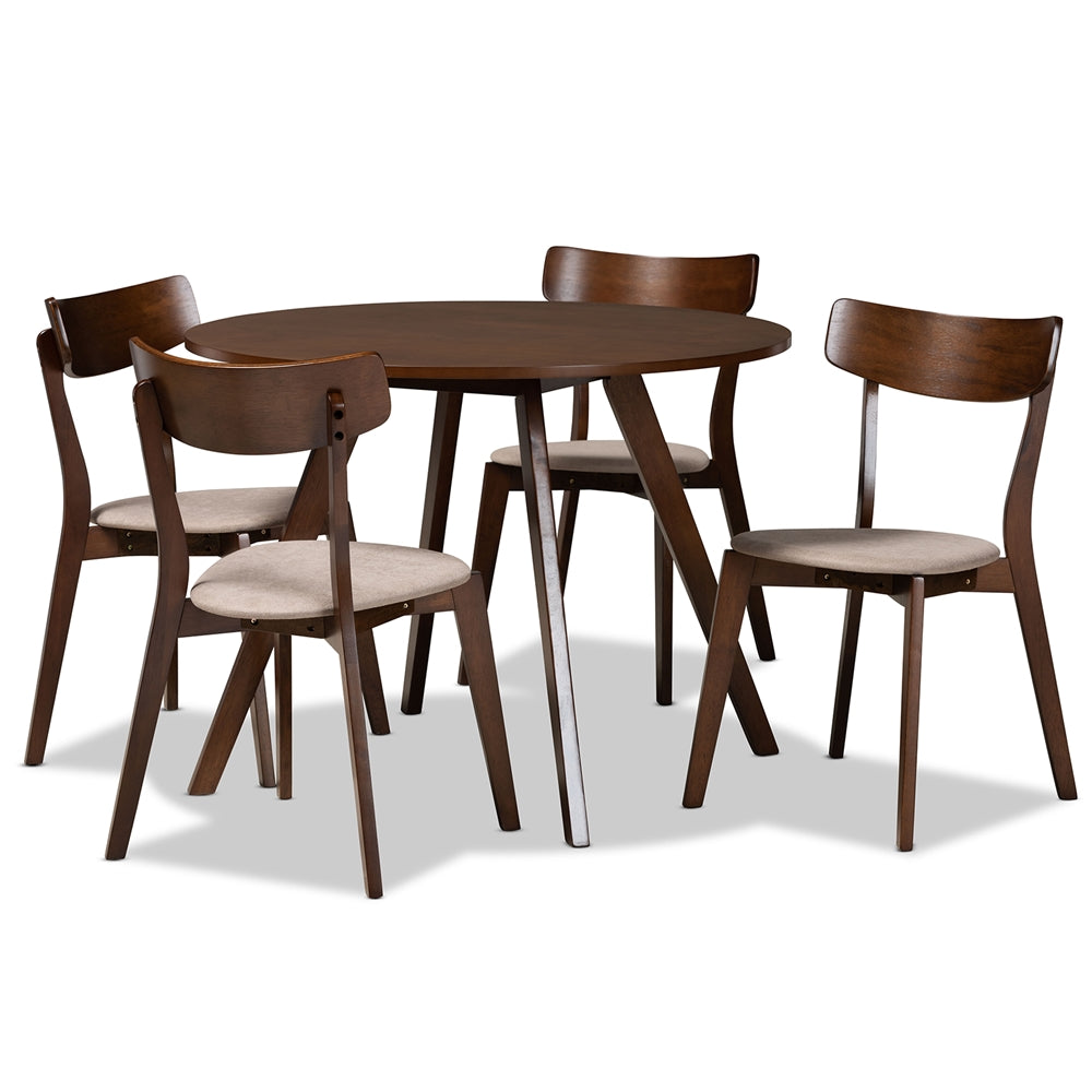 Baxton Studio Rika Mid-Century Modern Transitional Light Beige Fabric Upholstered And Walnut Brown Finished Wood 5-Piece Dining Set