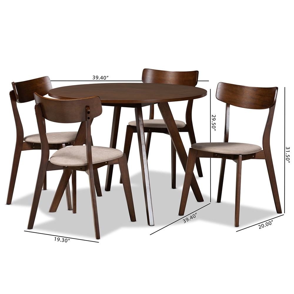 Baxton Studio Rika Mid-Century Modern Transitional Light Beige Fabric Upholstered And Walnut Brown Finished Wood 5-Piece Dining Set