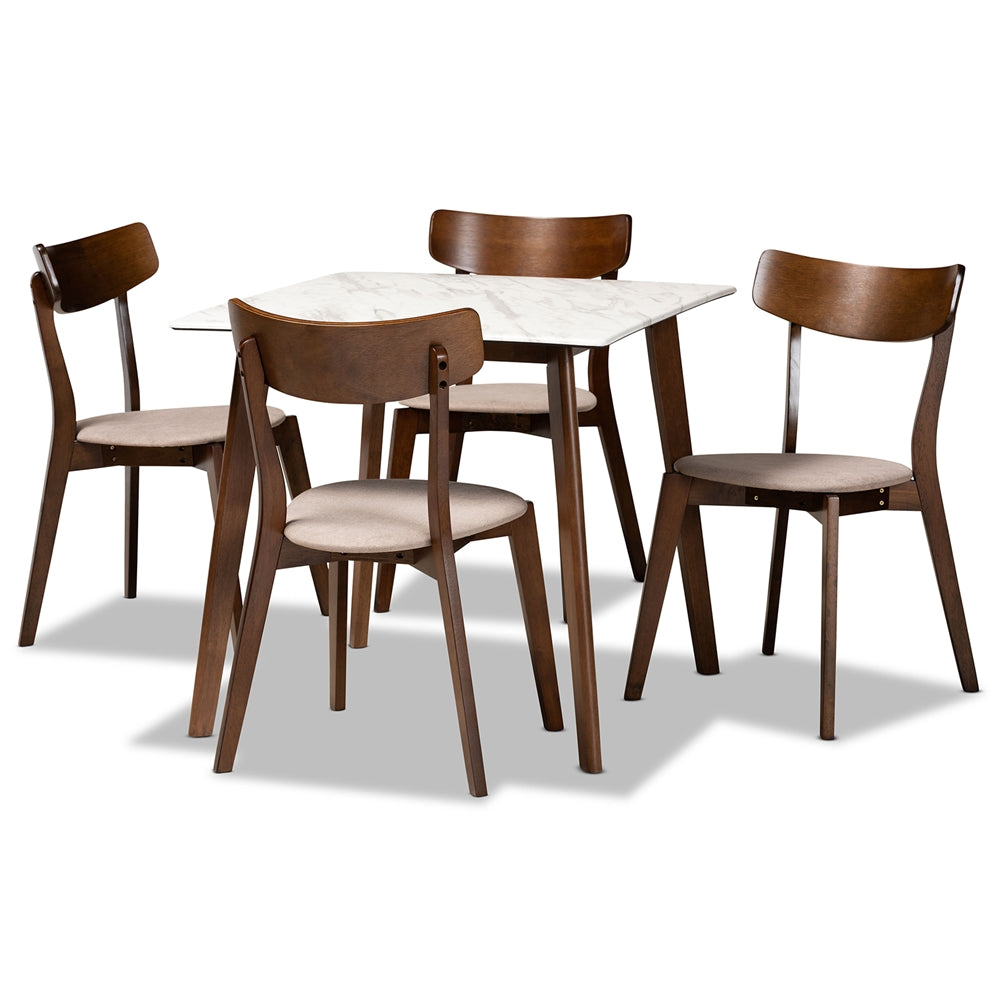 Baxton Studio Reba Mid-Century Modern Fabric Upholstered and Walnut Brown Finished Wood 5-Piece Dining Set with Faux Marble Dining Table