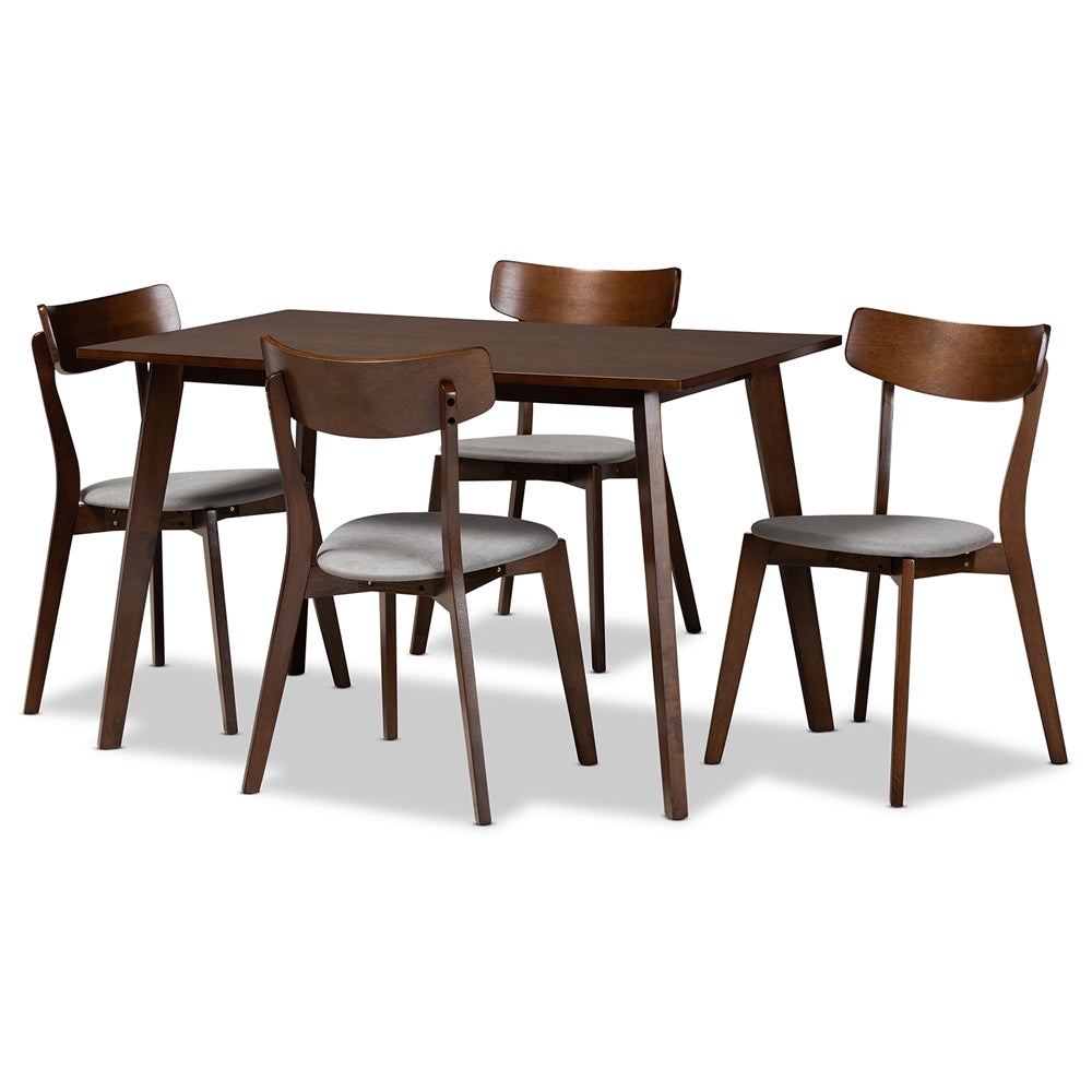 Baxton Studio Nori Mid-Century Modern Transitional Light Grey Fabric Upholstered And Walnut Brown Finished Wood 5-Piece Dining Set