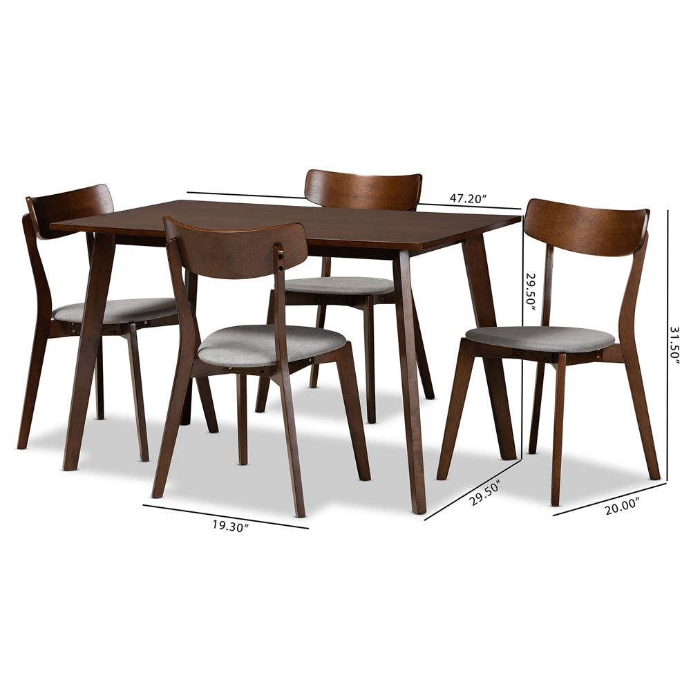 Baxton Studio Nori Mid-Century Modern Transitional Light Grey Fabric Upholstered And Walnut Brown Finished Wood 5-Piece Dining Set