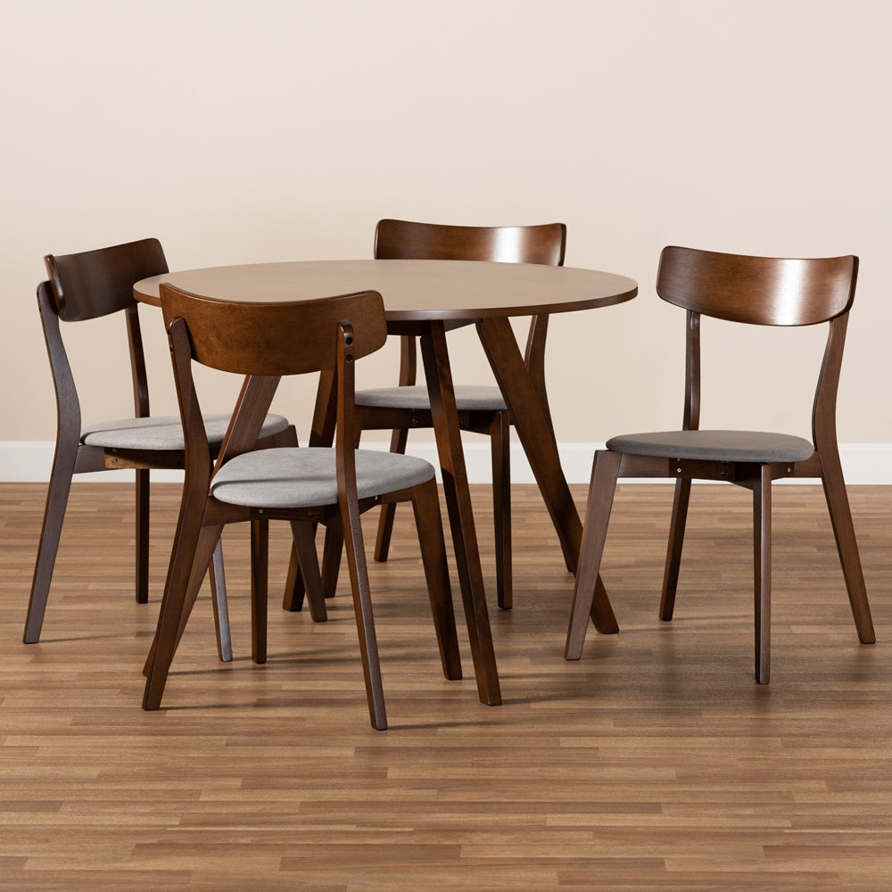 Baxton Studio Rika Mid-Century Modern Transitional Light Grey Fabric Upholstered And Walnut Brown Finished Wood 5-Piece Dining Set