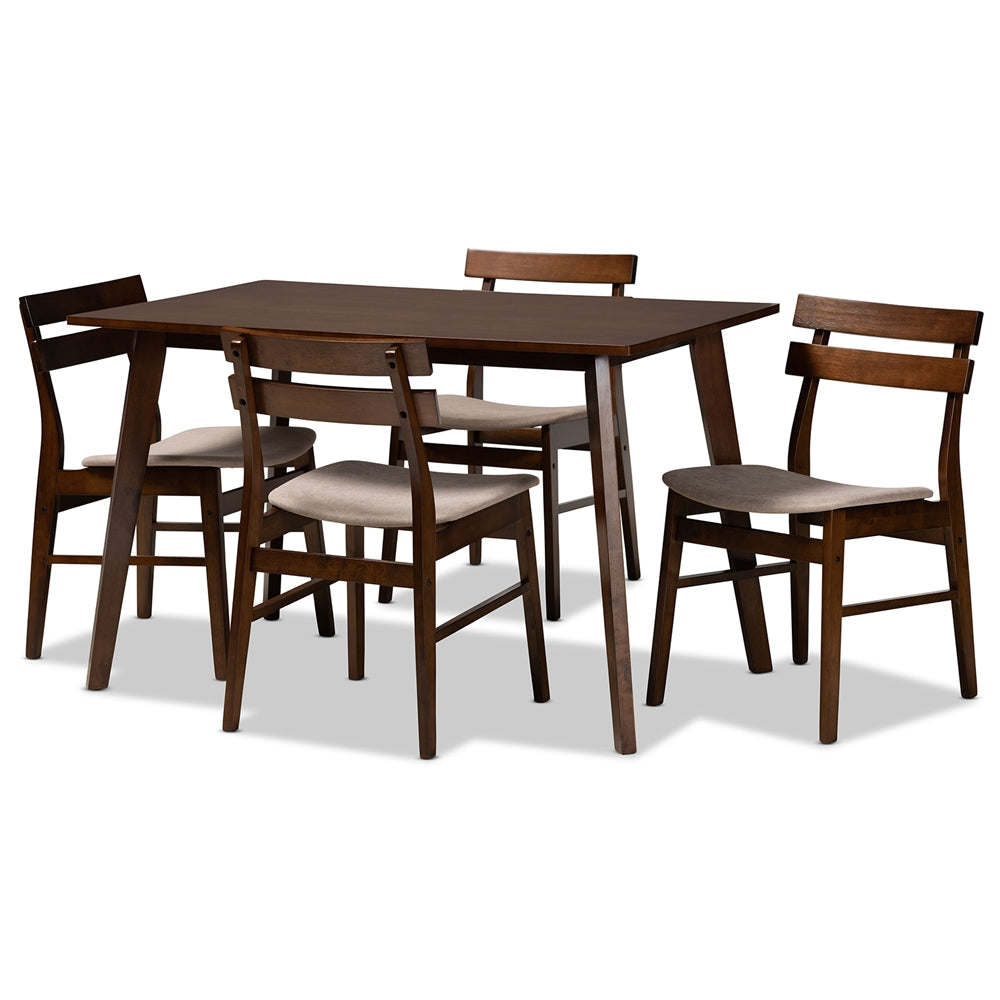 Baxton Studio Eleri Mid-Century Modern Transitional Light Beige Fabric Upholstered And Walnut Brown Finished Wood 5-Piece Dining Set