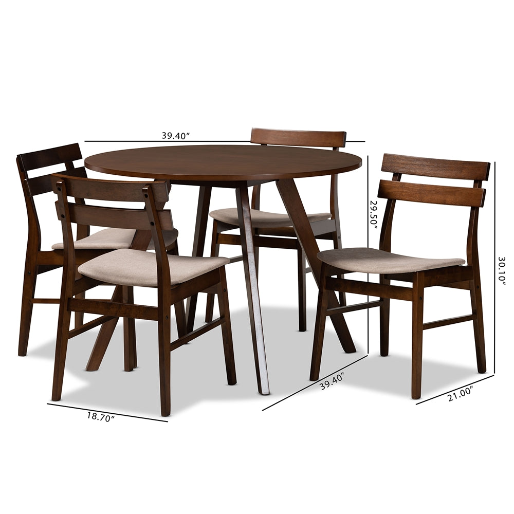 Baxton Studio Eiko Mid-Century Modern Transitional Light Beige Fabric Upholstered And Walnut Brown Finished Wood 5-Piece Dining Set