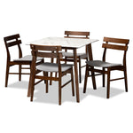 Load image into Gallery viewer, Baxton Studio Richmond Mid-Century Modern Light Grey Fabric Upholstered And Walnut Brown Finished Wood 5-Piece Dining Set With Faux Marble Dining Table
