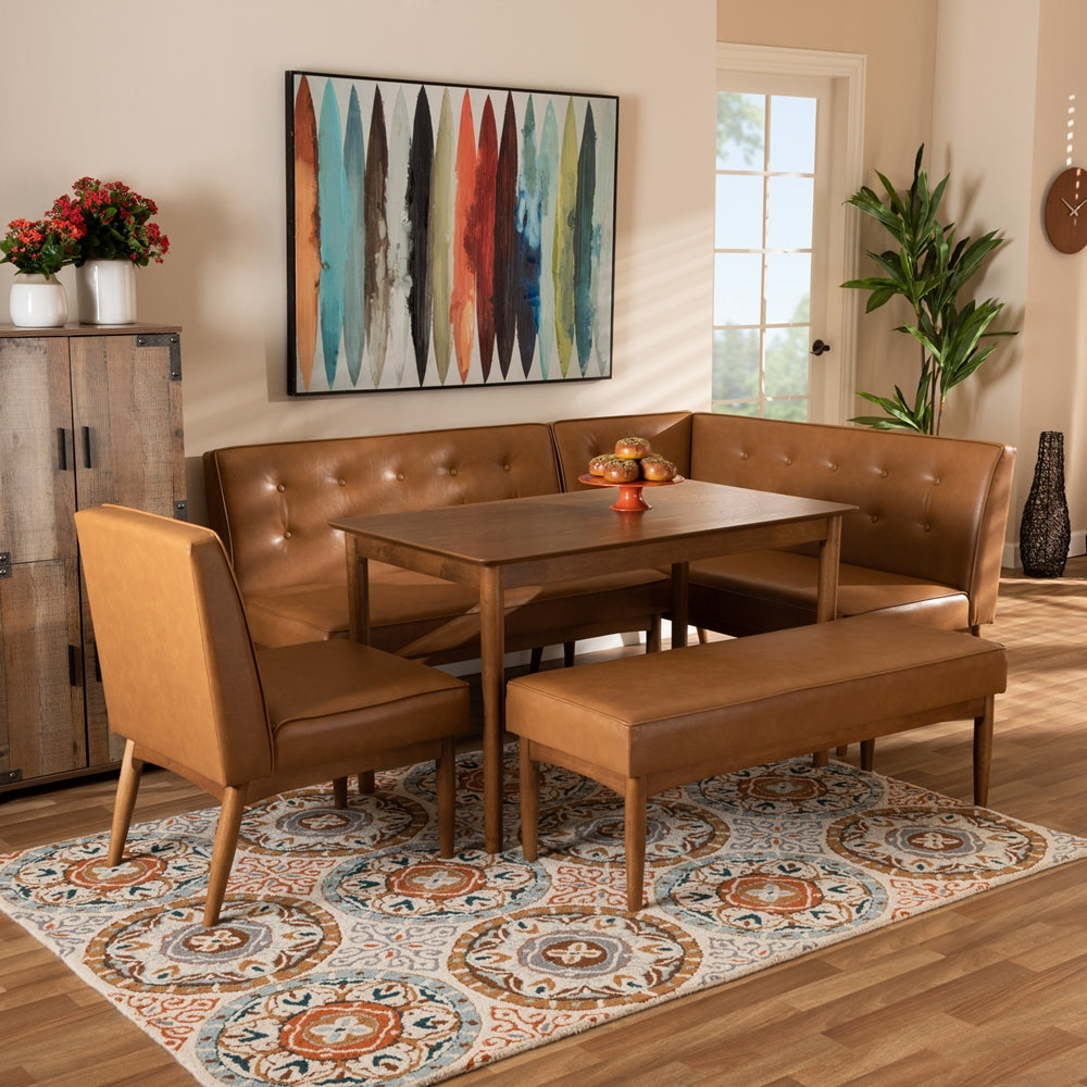 Baxton Studio Arvid Mid-Century Modern Tan Faux Leather Upholstered And Walnut Brown Finished Wood 5-Piece Dining Nook Set