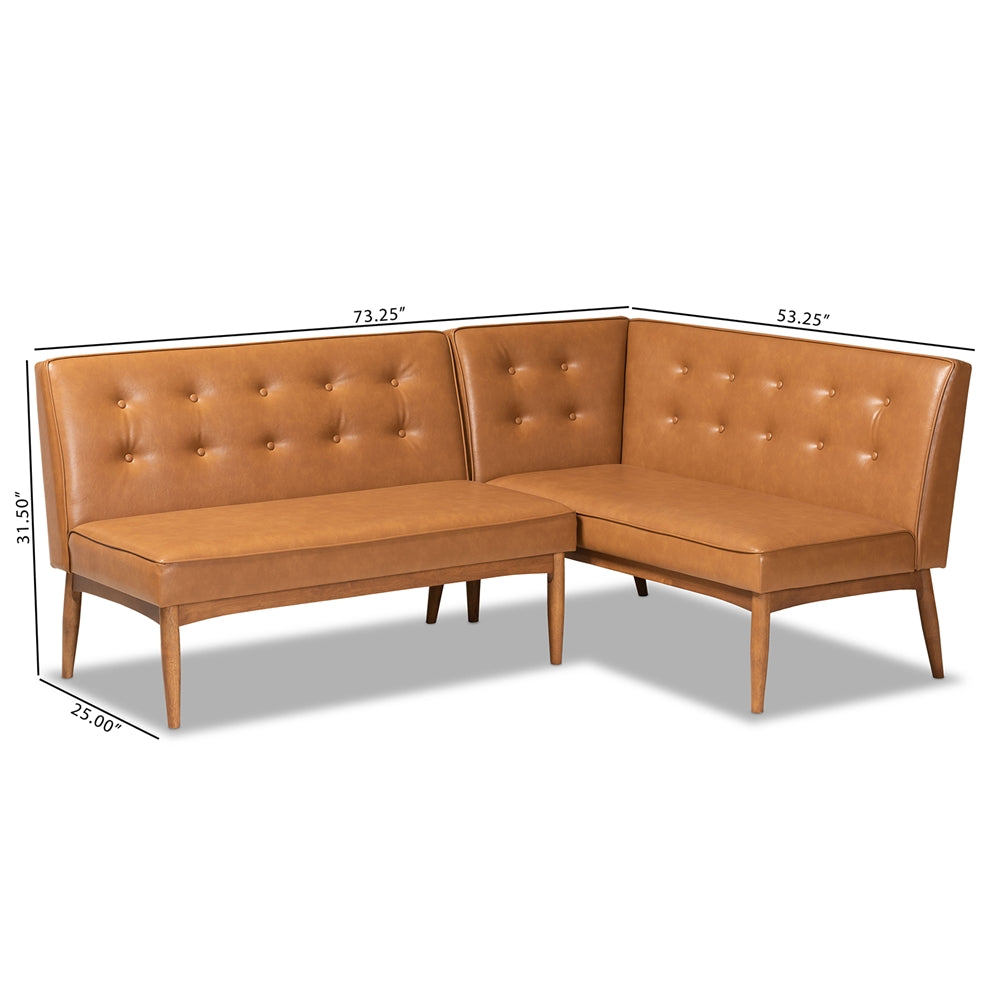 Baxton Studio Arvid Mid-Century Modern Tan Faux Leather Upholstered And Walnut Brown Finished Wood 2-Piece Dining Corner Sofa Bench