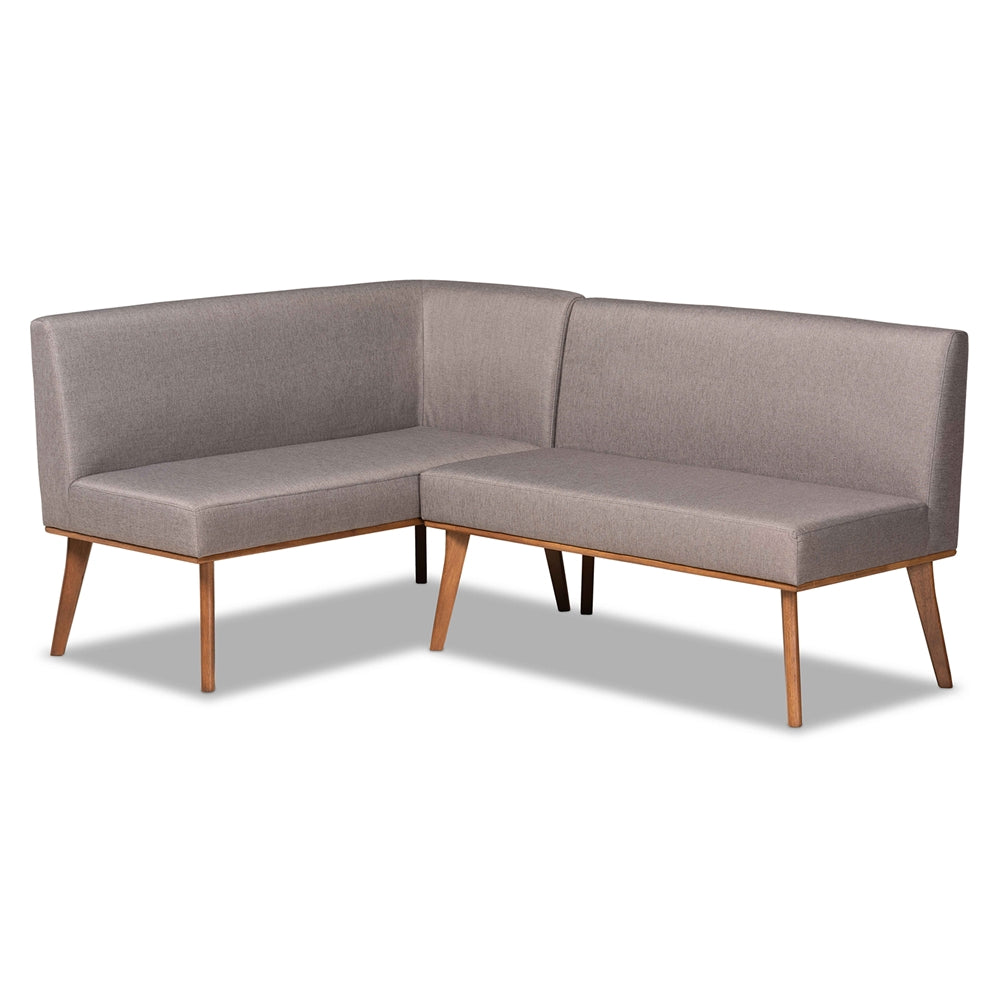 Baxton Studio Odessa Mid-Century Modern Fabric Upholstered and Walnut Brown Finished 2-Piece Wood Dining Nook Banquette Set