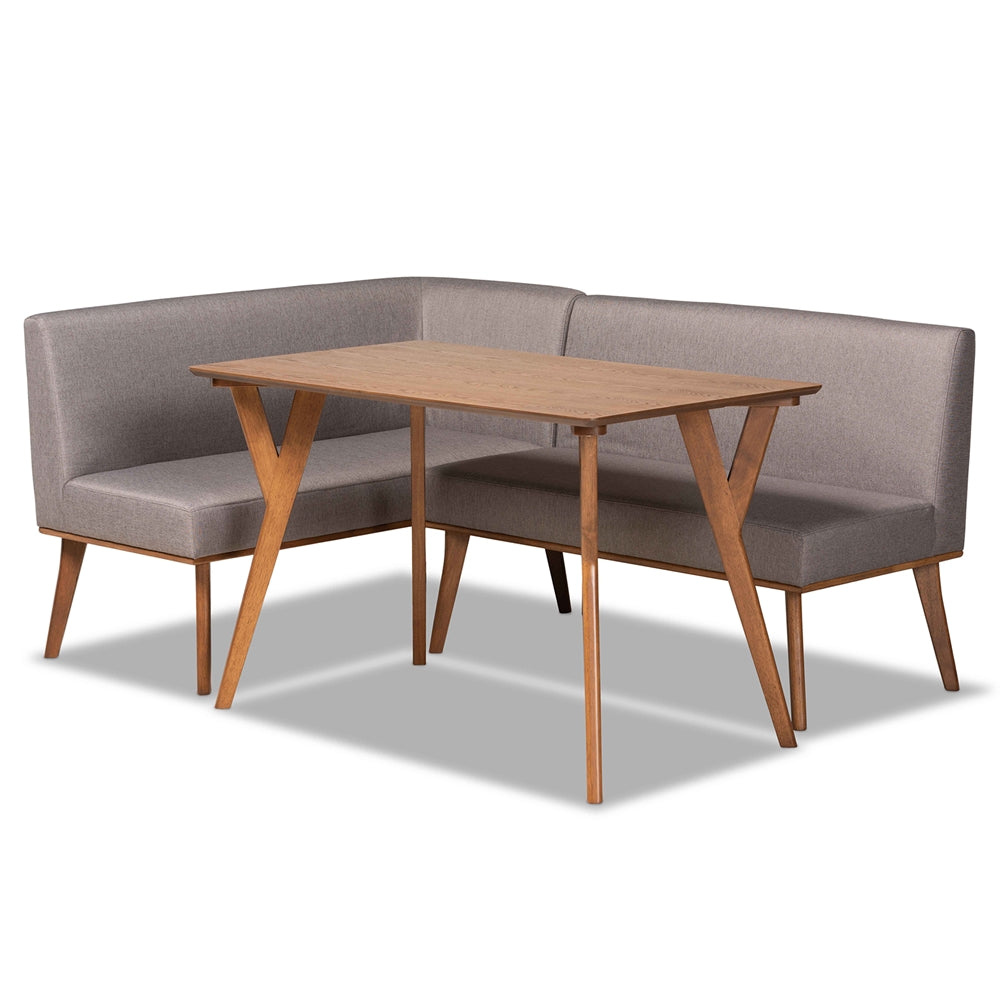 Baxton Studio Odessa Mid-Century Modern Grey Fabric Upholstered And Walnut Brown Finished Wood 3-Piece Dining Nook Set