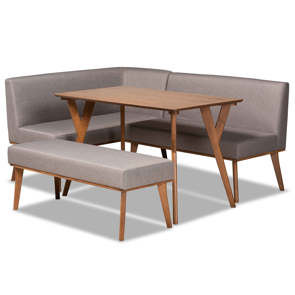 Baxton Studio Odessa Mid-Century Modern Grey Fabric Upholstered And Walnut Brown Finished Wood 4-Piece Dining Nook Set