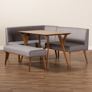 Baxton Studio Odessa Mid-Century Modern Grey Fabric Upholstered And Walnut Brown Finished Wood 4-Piece Dining Nook Set