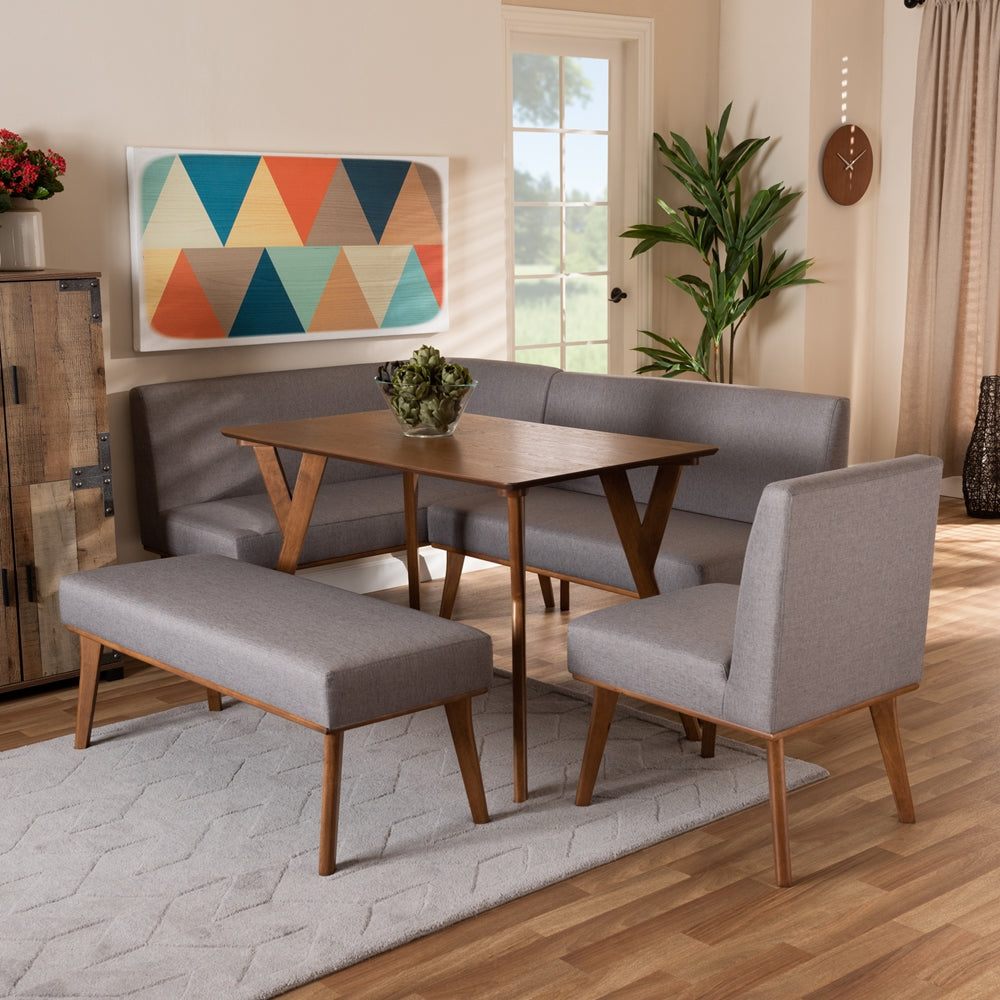 Baxton Studio Odessa Mid-Century Modern Grey Fabric Upholstered And Walnut Brown Finished Wood 5-Piece Dining Nook Set