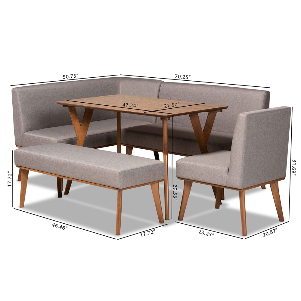 Baxton Studio Odessa Mid-Century Modern Grey Fabric Upholstered And Walnut Brown Finished Wood 5-Piece Dining Nook Set