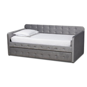 Baxton Studio Jona Modern and Contemporary Transitional Velvet Fabric Upholstered and Button Tufted Daybed with Trundle