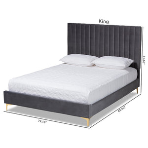 Baxton Studio Serrano Contemporary Glam And Luxe Grey Velvet Fabric Upholstered And Gold Metal Full Size Platform Bed